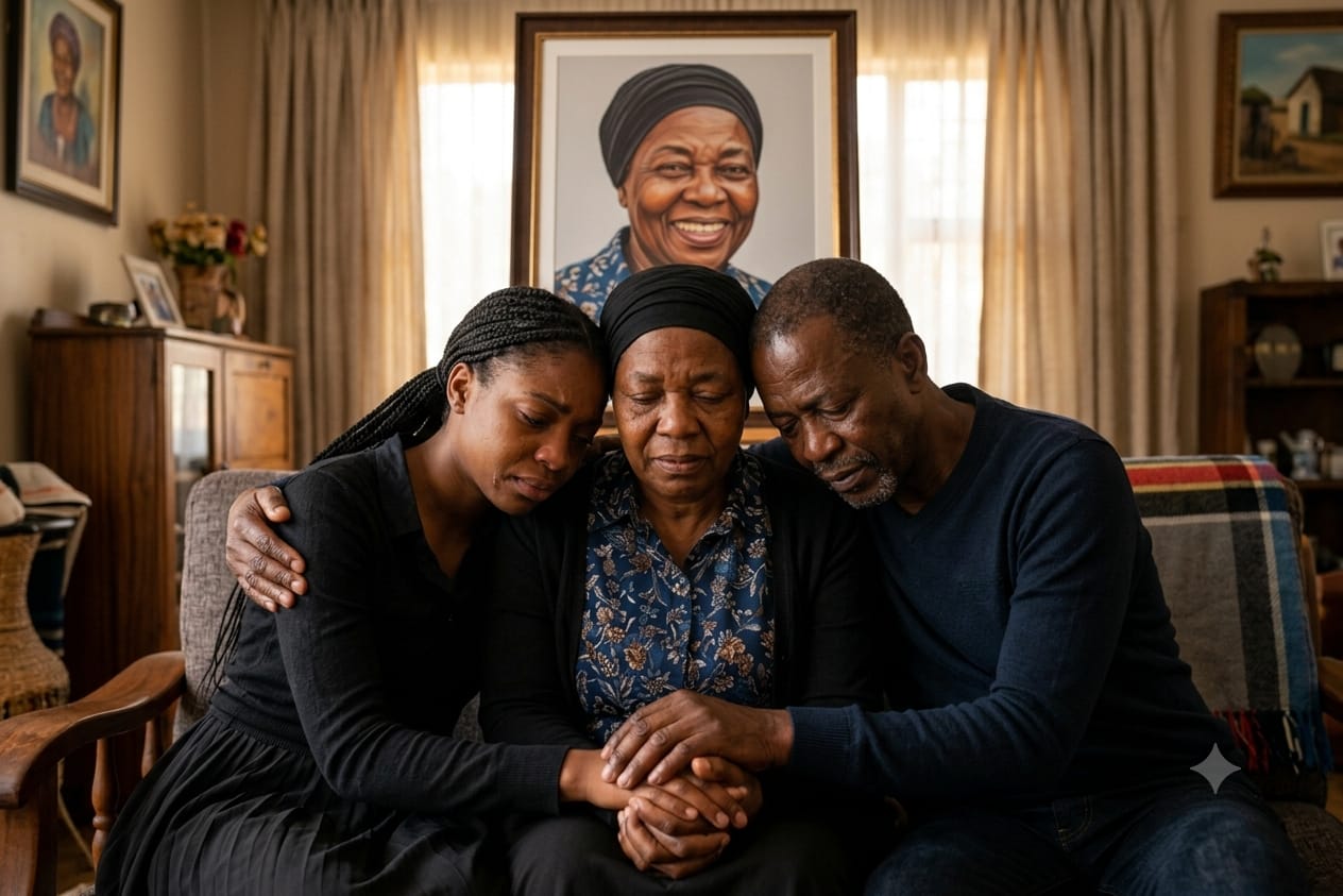 A family comforting one another at home, with a portrait of their loved one in the background