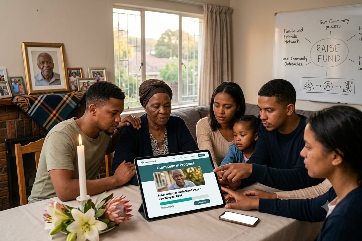 A family gathered around a tablet reviewing their fundraiser's progress together